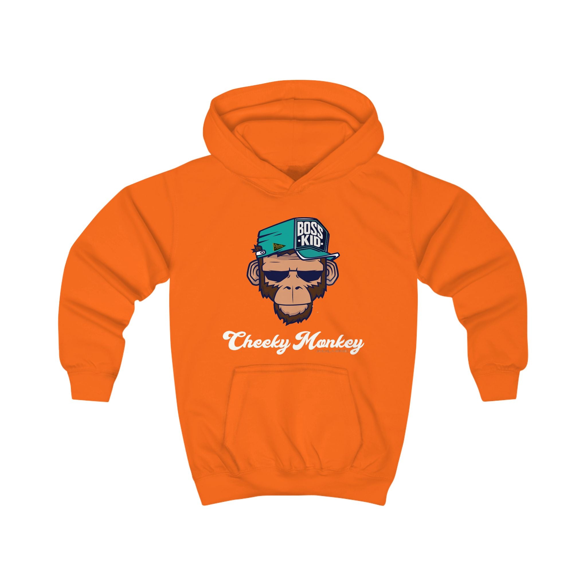 Orange hoodie with monkey graphic and 'Cheeky Monkey' text on a white background
